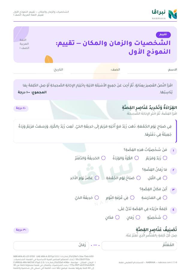 الصفحة الأولى من «الشخصيات والزمان والمكان — تقييم: النموذج الأول»