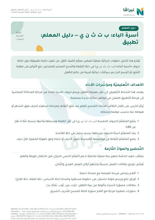 صفحة ١ من «أسرة الباء: ب ت ث ن ي — دليل المعلم: تطبيق»