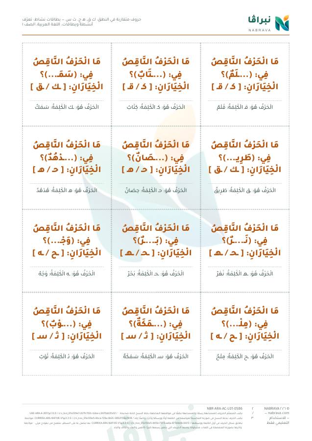 صفحة ٢ من «حروف متقاربة في النطق: ك ق، هـ ح، ث س — بطاقات نشاط: تعرّف»
