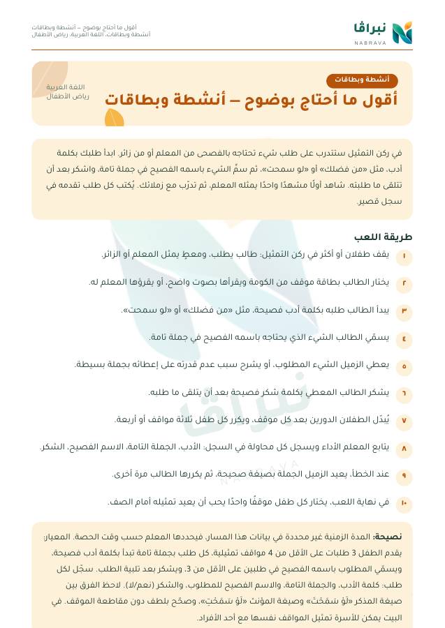 First page of “أقول ما أحتاج بوضوح — أنشطة وبطاقات”