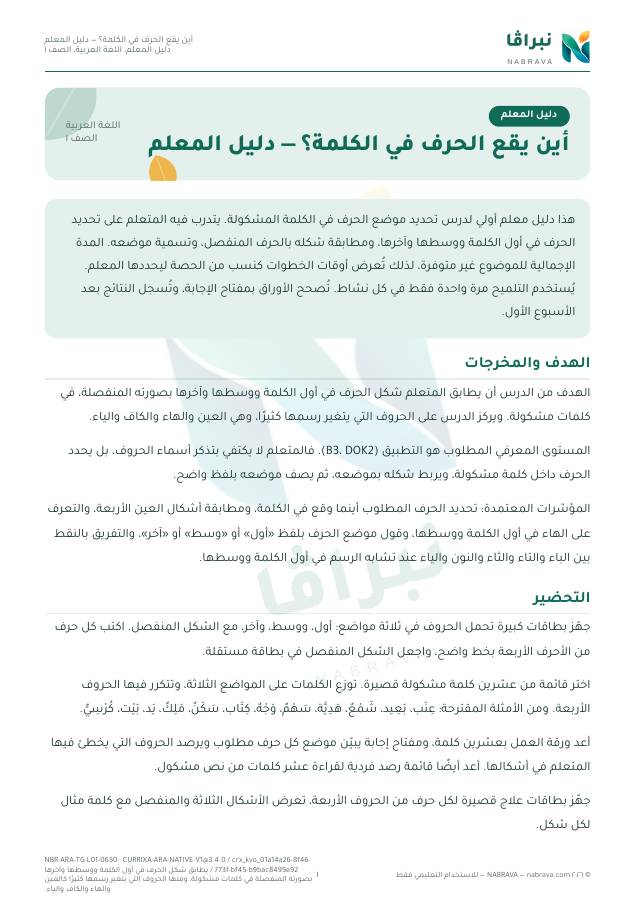 الصفحة الأولى من «أين يقع الحرف في الكلمة؟ — دليل المعلم»