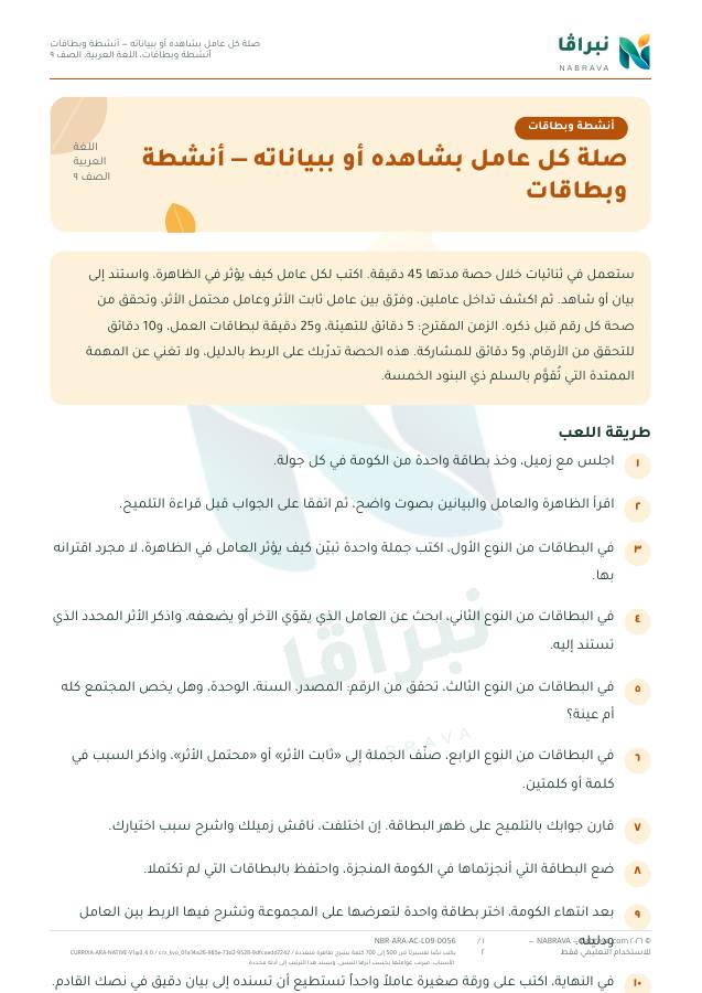 الصفحة الأولى من «صلة كل عامل بشاهده أو ببياناته — أنشطة وبطاقات»