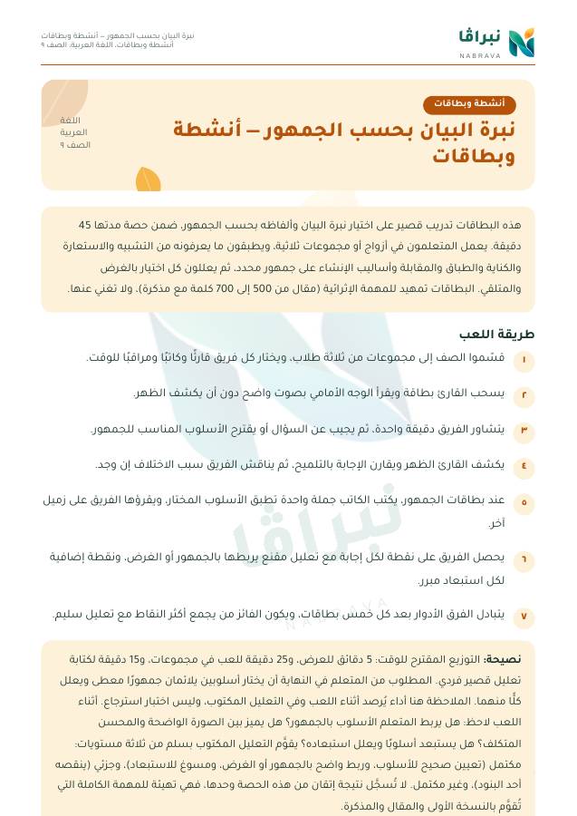 First page of “نبرة البيان بحسب الجمهور — أنشطة وبطاقات”